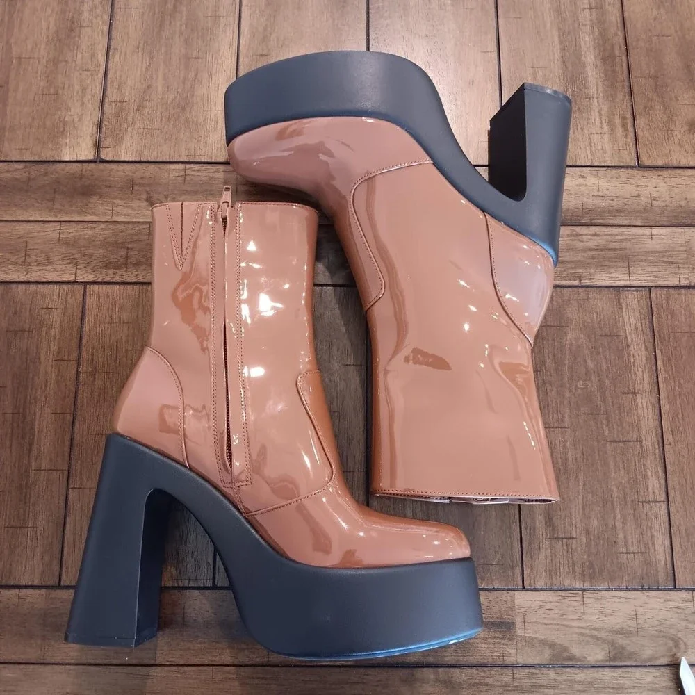 GB Gianni Bini Levi Tate Patent Platform Mid Boots Womens Sz 6 Caramel Brown NEW